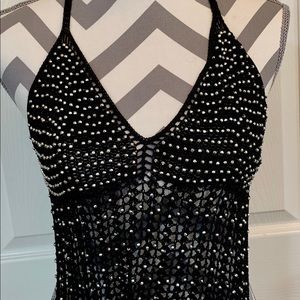 BLACK CROCHET BIKER HALTER TOP SILVER BEADS XS/S